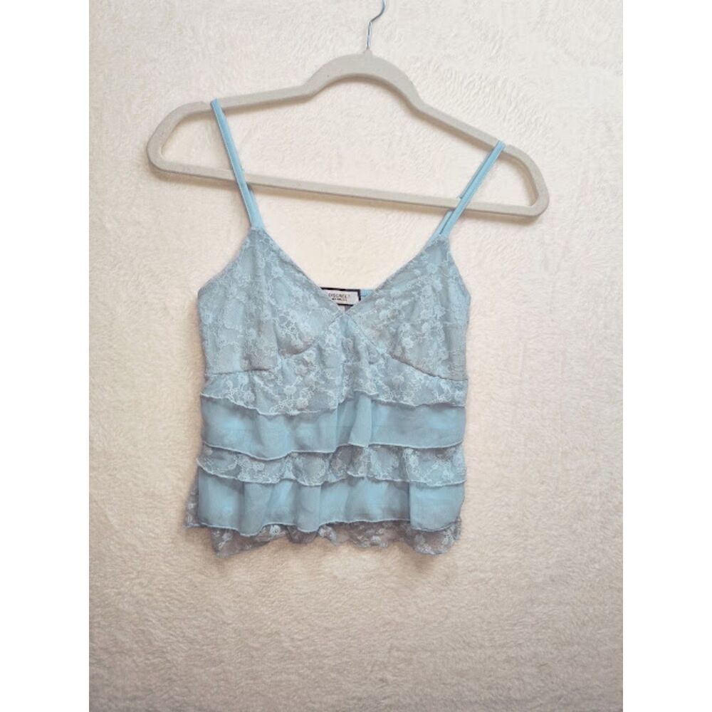 Discreet Blue Lace Tiered Ruffle Cami Y2K Babydoll Spaghetti Strap Top Sz M
